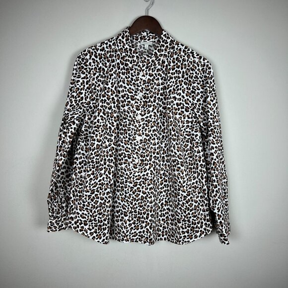 Talbots Blouse Top Womens 1X Brown Leopard Animal Print Popover Buttons Plus New - Picture 1 of 9